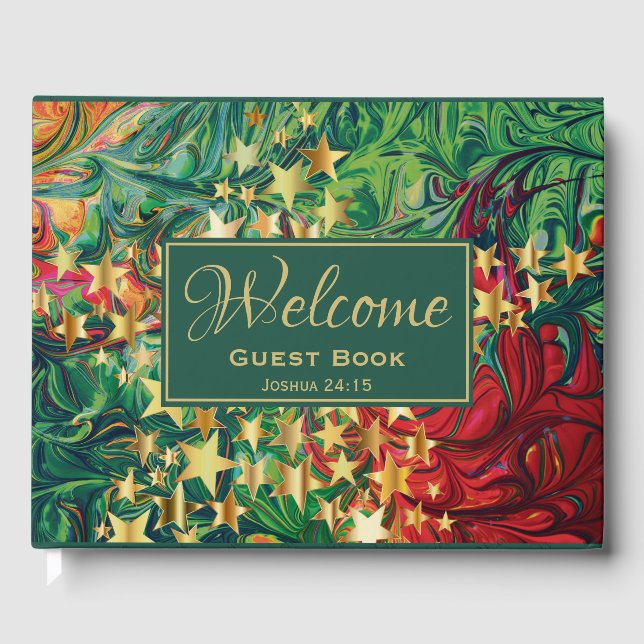 Abstract Red Green Gold Stars Personalised WELCOME Guest Book (Front)