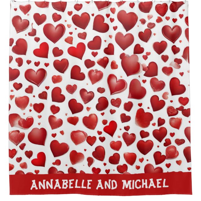 Abstract Red Love Hearts Couple Name Valentine Shower Curtain (Front)