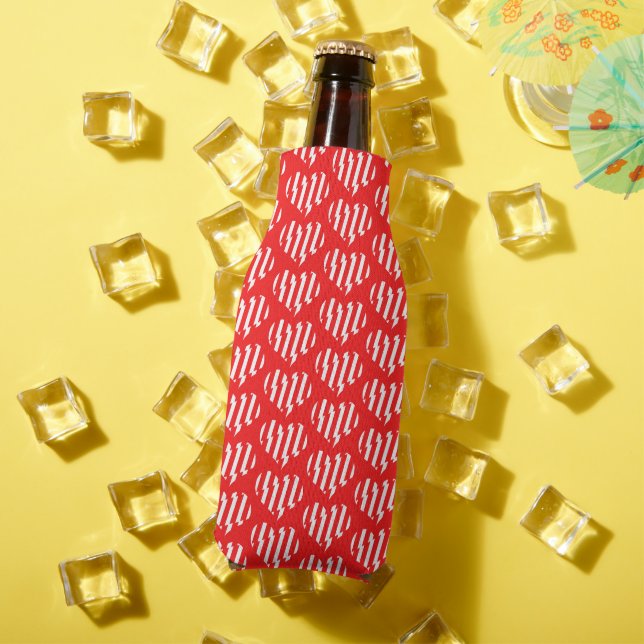 Abstract Red n White Stripes Valentine Heart Bottle Cooler (In Situ Summer)