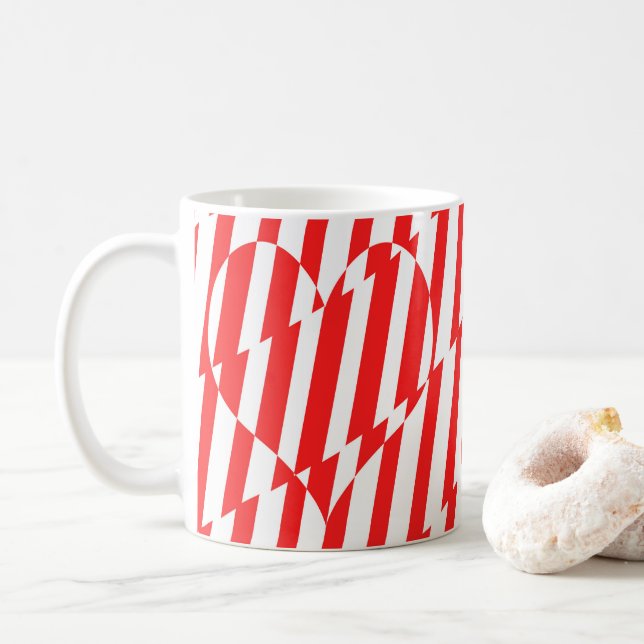 Abstract Red n White Stripes Valentine Heart Coffee Mug (With Donut)