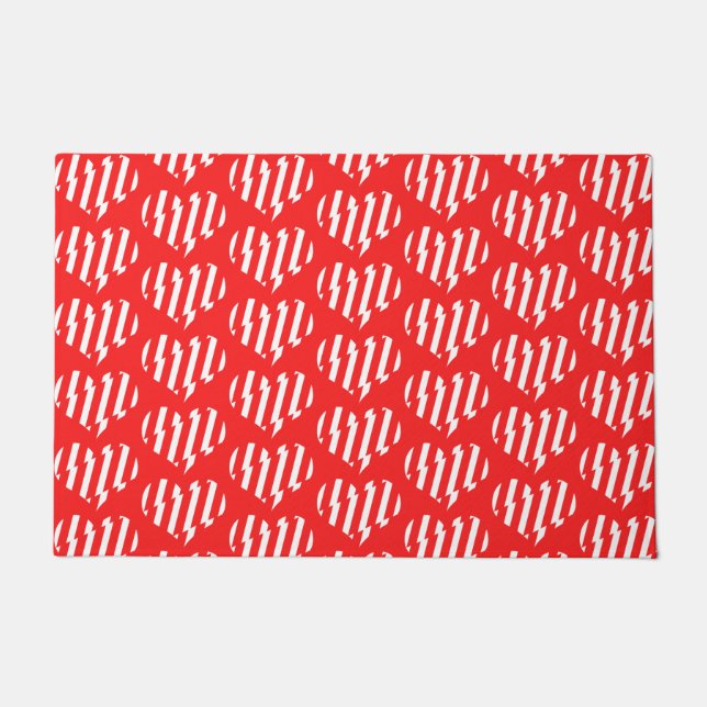 Abstract Red n White Stripes Valentine Heart Doormat (Front)