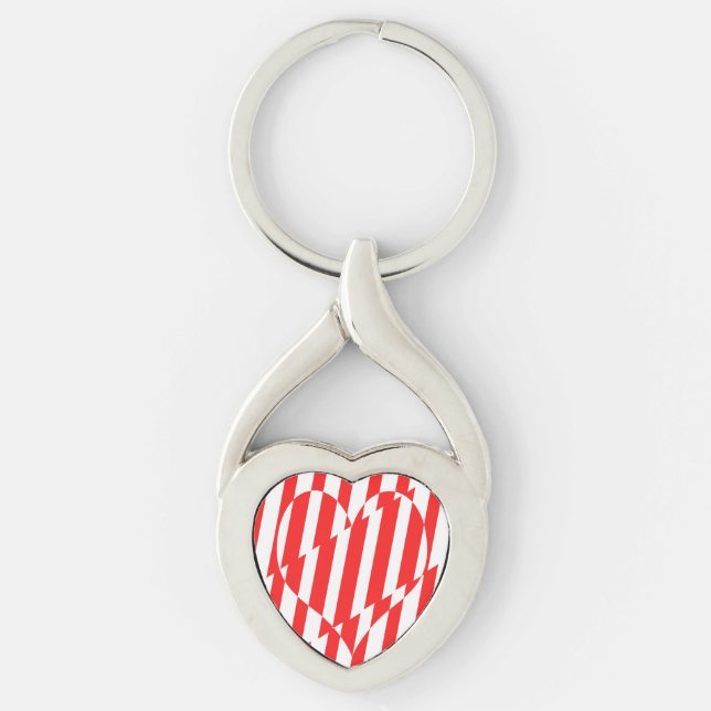 Abstract Red n White Stripes Valentine Heart Key Ring (Front)