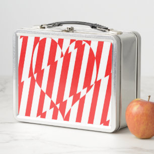 Abstract Red n White Stripes Valentine Heart Metal Lunch Box