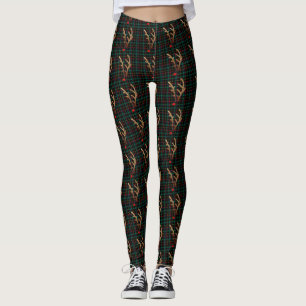 Abstract Red-Nosed Reindeer on Black Plaid Leggings