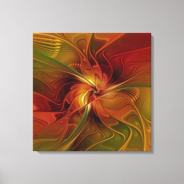 Abstract Red Orange Brown Green Flower Triptych Canvas Print (Front)