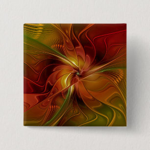 Abstract Red Orange Brown Green Fractal Art Flower 15 Cm Square Badge