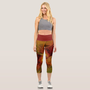 Abstract Red Orange Brown Green Fractal Art Flower Capri Leggings