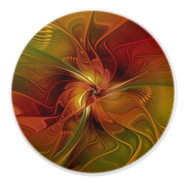 Abstract Red Orange Brown Green Fractal Art Flower Ceramic Knob (Front)