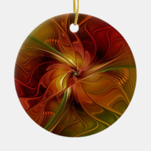 Abstract Red Orange Brown Green Fractal Art Flower Ceramic Tree Decoration