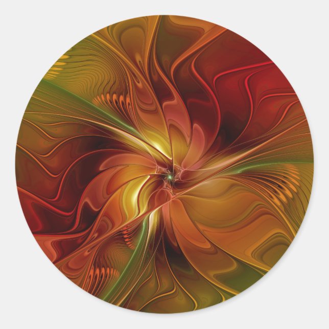 Abstract Red Orange Brown Green Fractal Art Flower Classic Round Sticker (Front)