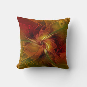 Abstract Red Orange Brown Green Fractal Art Flower Cushion