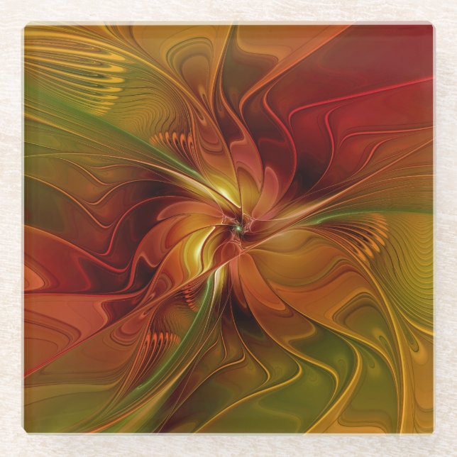 Abstract Red Orange Brown Green Fractal Art Flower Glass Coaster (Front)