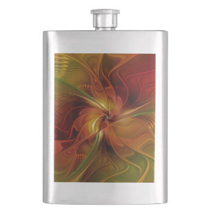 Abstract Red Orange Brown Green Fractal Art Flower Hip Flask