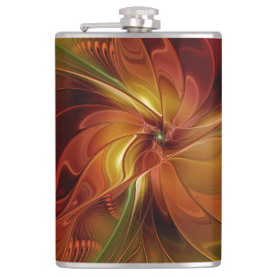 Abstract Red Orange Brown Green Fractal Art Flower Hip Flask