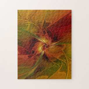 Abstract Red Orange Brown Green Fractal Art Flower Jigsaw Puzzle