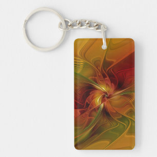 Abstract Red Orange Brown Green Fractal Art Flower Key Ring
