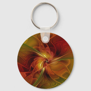 Abstract Red Orange Brown Green Fractal Art Flower Key Ring