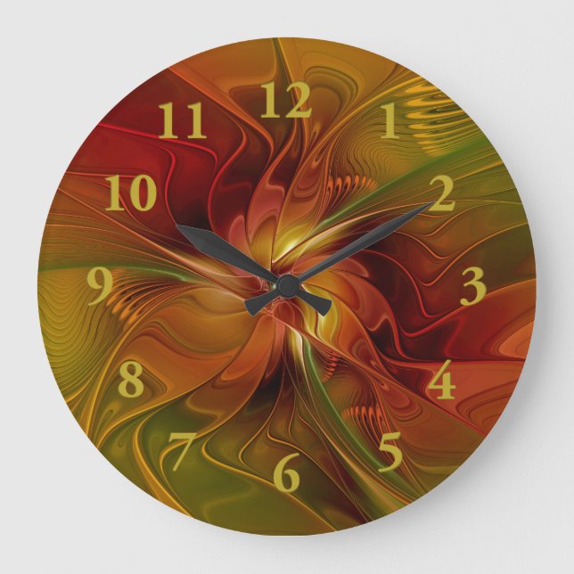 Abstract Red Orange Brown Green Fractal Art Flower Large Clock (Front)