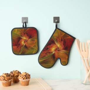 Abstract Red Orange Brown Green Fractal Art Flower Oven Mitt & Pot Holder Set