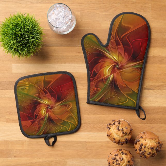 Abstract Red Orange Brown Green Fractal Art Flower Oven Mitt & Pot Holder Set (Top Down)