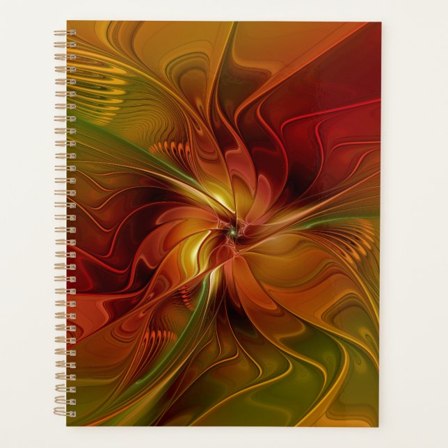 Abstract Red Orange Brown Green Fractal Art Flower Planner (Front)