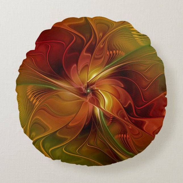 Abstract Red Orange Brown Green Fractal Art Flower Round Cushion (Front)