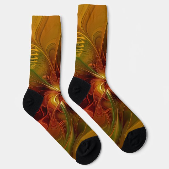 Abstract Red Orange Brown Green Fractal Art Flower Socks (Right)