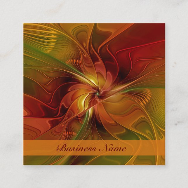 Abstract Red Orange Brown Green Fractal Art Flower Square Business Card (Front)