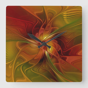 Abstract Red Orange Brown Green Fractal Art Flower Square Wall Clock