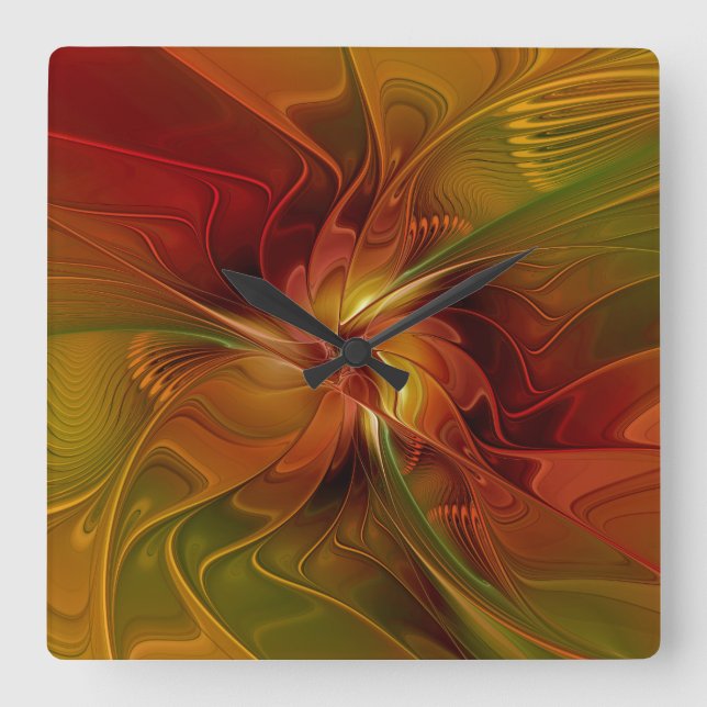 Abstract Red Orange Brown Green Fractal Art Flower Square Wall Clock (Front)