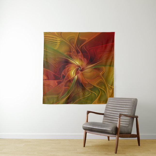 Abstract Red Orange Brown Green Fractal Art Flower Tapestry (In Situ)