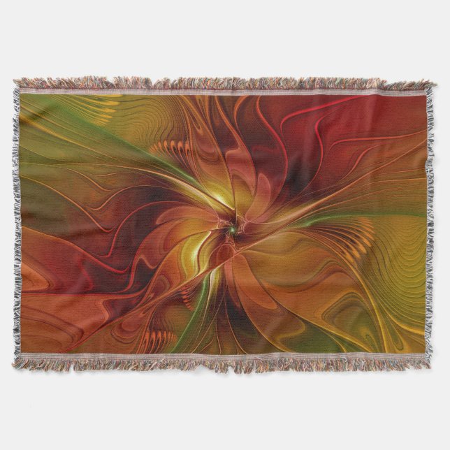 Abstract Red Orange Brown Green Fractal Art Flower Throw Blanket (Front)