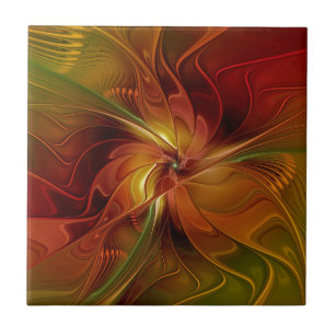 Abstract Red Orange Brown Green Fractal Art Flower Tile