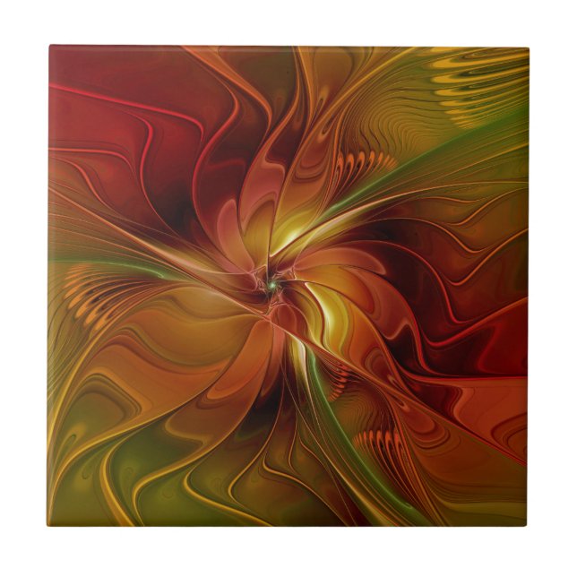 Abstract Red Orange Brown Green Fractal Art Flower Tile (Front)
