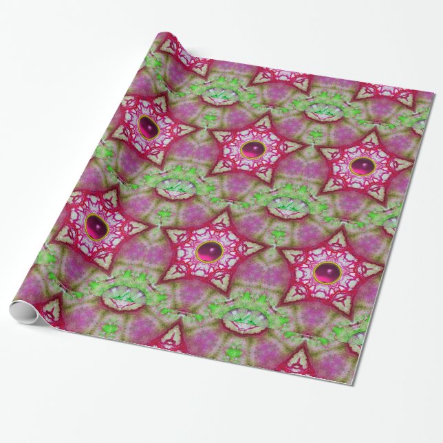 ABSTRACT RED PINK PURPLE FUCHSIA STARS WITH GEMS WRAPPING PAPER (Unrolled)