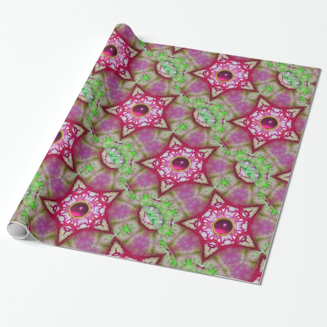 ABSTRACT RED PINK PURPLE FUCHSIA STARS WITH GEMS WRAPPING PAPER (Unrolled)