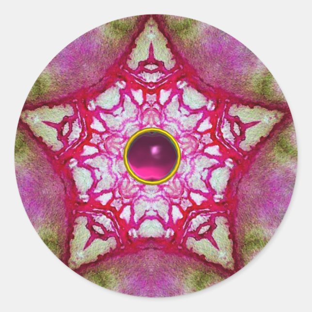 ABSTRACT RED PINK STAR WITH FUCHSIA AMETHYST GEM CLASSIC ROUND STICKER (Front)