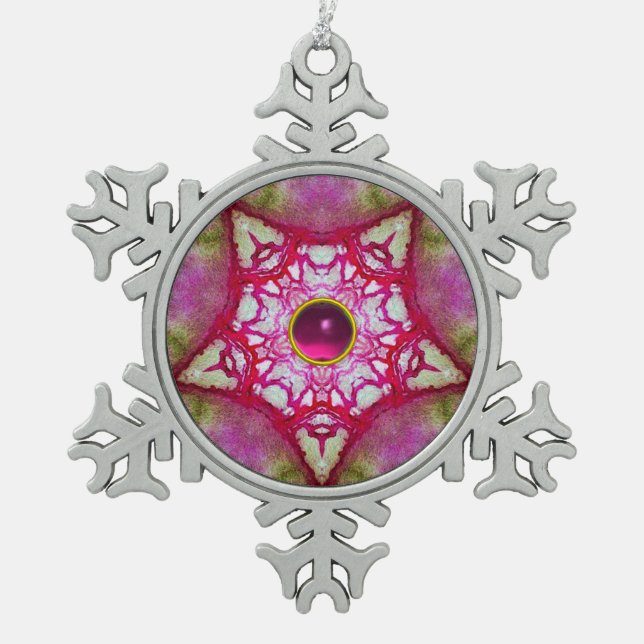 ABSTRACT RED PINK STAR WITH FUCHSIA AMETHYST GEM SNOWFLAKE PEWTER CHRISTMAS ORNAMENT (Front)
