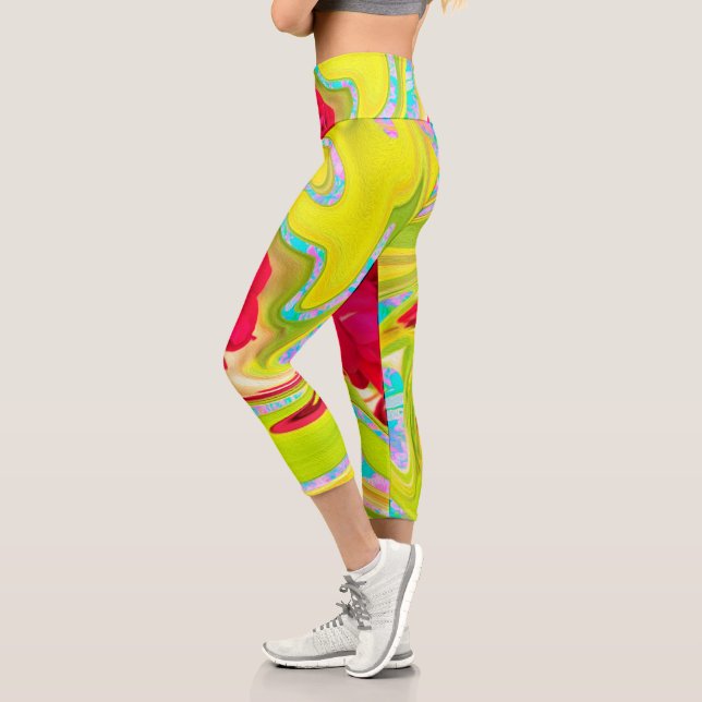 Abstract Red Rose on Yellow and Aqua Swirl Capri Leggings (Left)