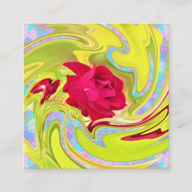 Abstract Red Rose on Yellow and Aqua Swirl Discount Card (Front)