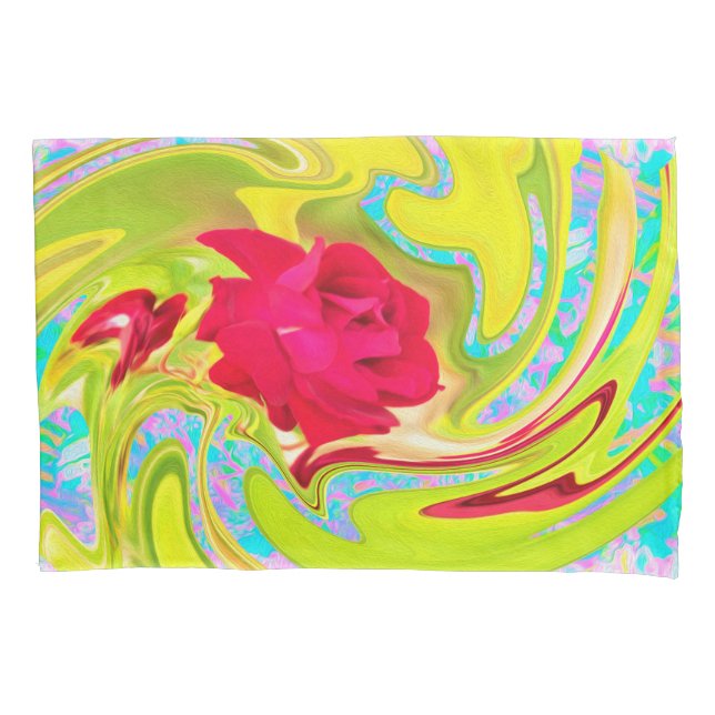 Abstract Red Rose on Yellow and Aqua Swirl Pillowcase (Front)
