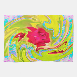 Abstract Red Rose on Yellow and Aqua Swirl Tea Towel