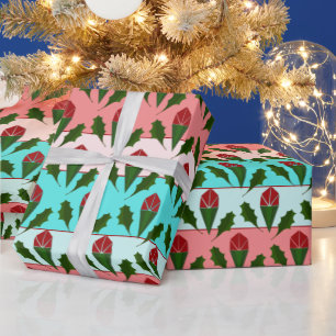 Abstract Red Roses & Leaves Floral, Colour Stripes Wrapping Paper