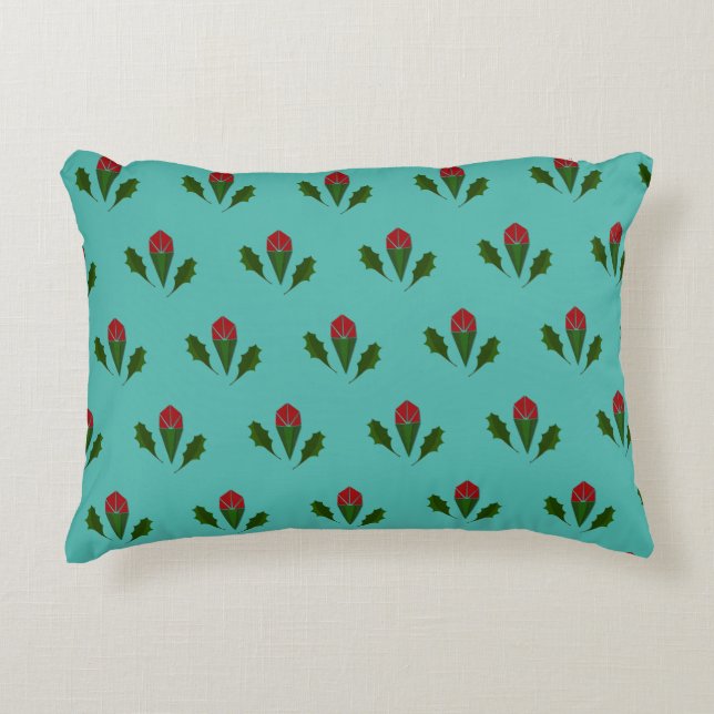 Abstract Red Roses & Leaves Floral, Fountain Blue Decorative Cushion (Front)