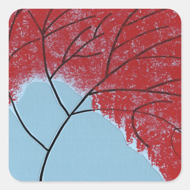 Abstract Red Tree Leaves on Blue Square Sticker (Front)