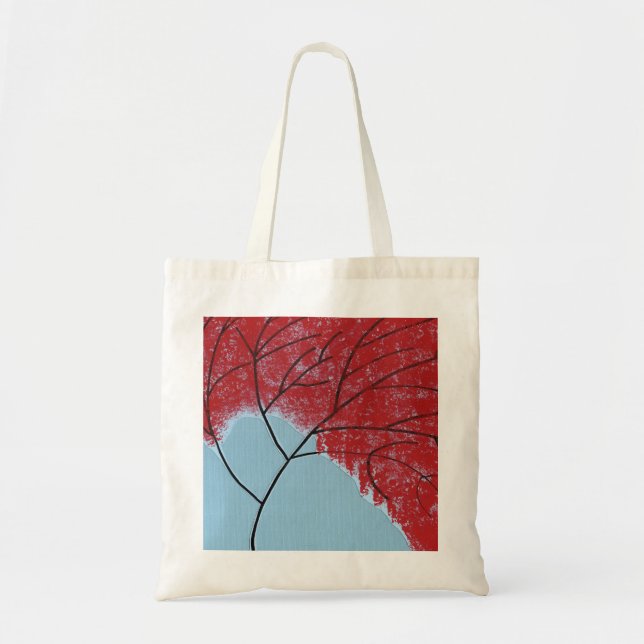 Abstract Red Tree Leaves on Blue Tote Bag (Front)