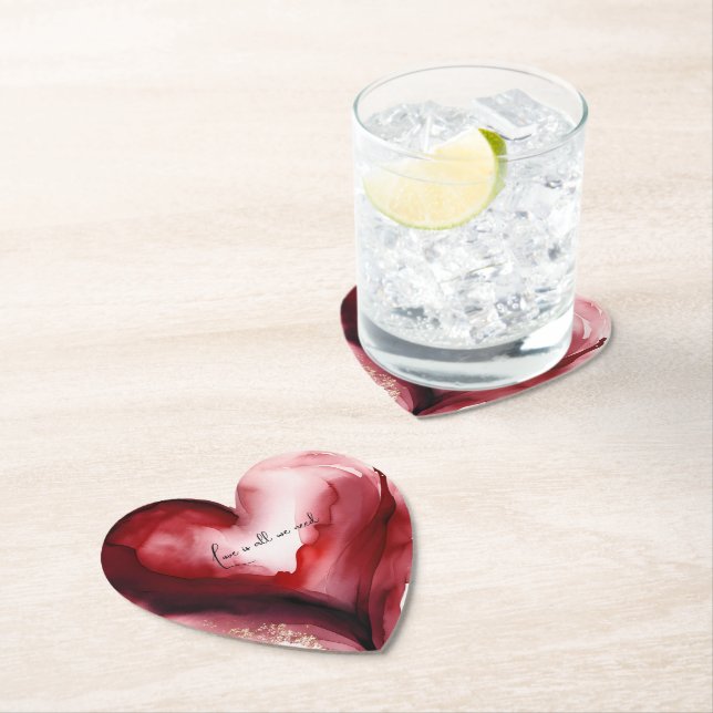 Abstract Red Watercolor Heart with Gold Accents Paper Coaster (Insitu)