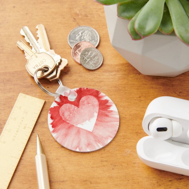 Abstract Red Watercolor Splash Heart Acrylic Keych Key Ring (Desk)