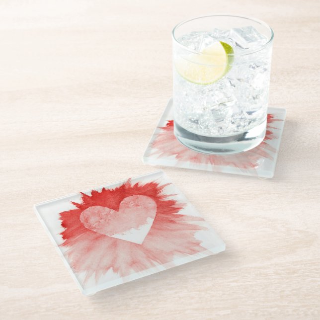 Abstract Red Watercolor Splash Heart Coaster Set (Angled)