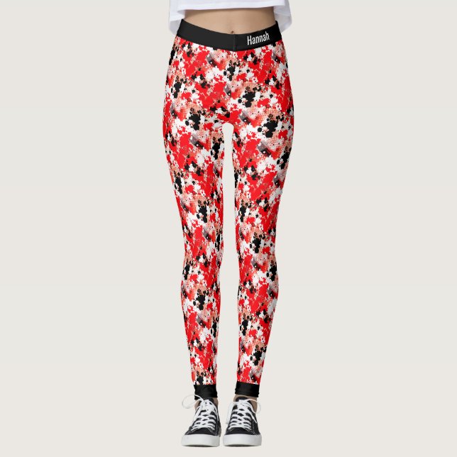 Abstract Red White Black Paint Splatter Pattern Leggings (Front)